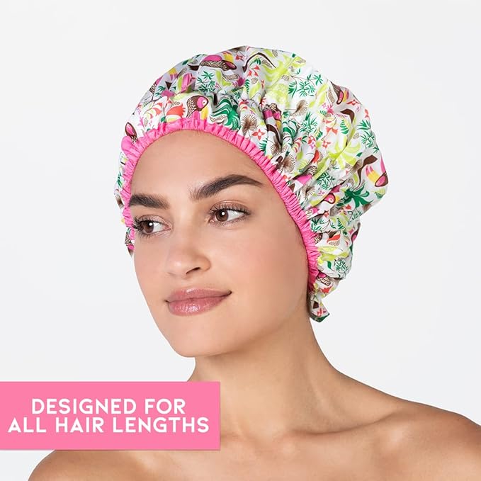 Reusable Bath & Shower Cap Lined, Oversized Waterproof Shower Caps Large Designed for all Hair Lengths with PEVA Lining & Elastic Band Stretch Hem Hair Hat - Fashionista Tropical
