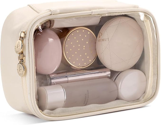 Pocmimut Makeup Bag,Small Makeup Bag TSA Approved Clear Toiletry Bag,Makeup Case Pouches Car Accessories Storage for Women,Travel Essentials Organizers,Beige