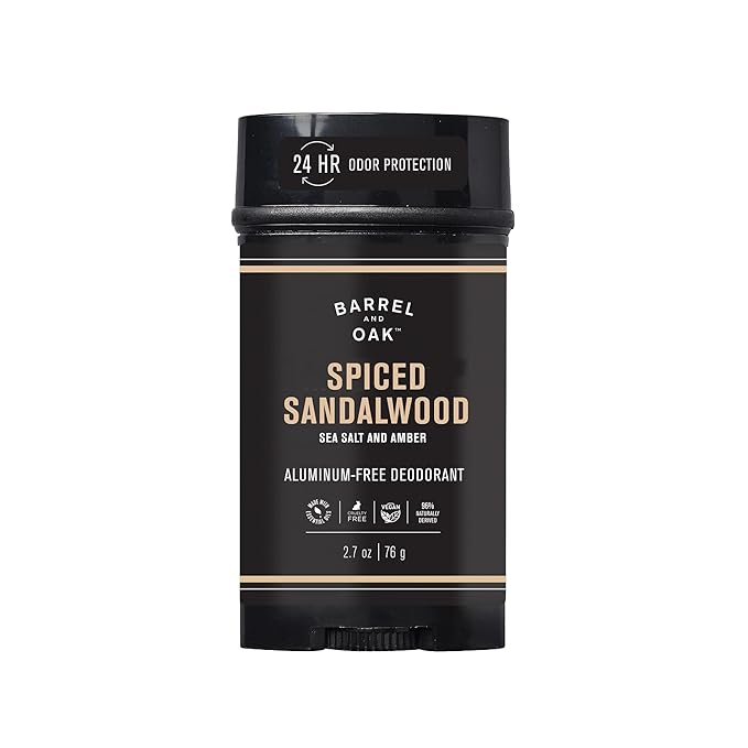 Barrel & Oak Aluminum Free Deodorant for Men, Natural Men's Deodorant with Sea Salt & Amber Essential Oil for Delicate Skin, Grooming Kit Gifts for Men, Spiced Sandalwood, 2.7 oz