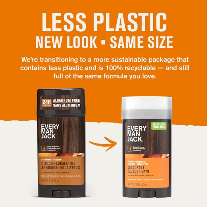 Every Man Jack Citrus + Eucalyptus Men’s Deodorant - Stay Fresh with Aluminum Free Deodorant For all Skin Types - Odor Crushing, Long Lasting, with Naturally Derived Ingredients - 3oz (2 Pack)