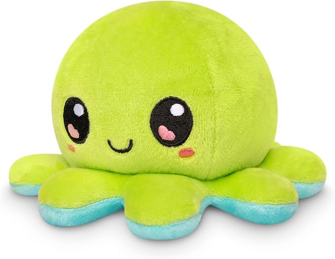 TeeTurtle - The Original Reversible Octopus Plushie - Green Happy + Aqua Worried - Cute Sensory Fidget Stuffed Animals That Show Your Mood, 4 inch