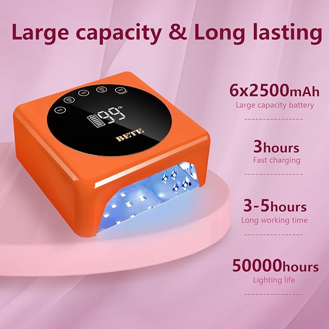 BETE Cordless LED Nail Lamp, 78W Rechargeable UV Nail Light, Intelligent Infrared Sensor and LCD Display Curing Nail Lamp, Portable Nail Dryer Gel Polish Light with 5 Timer Setting Orange