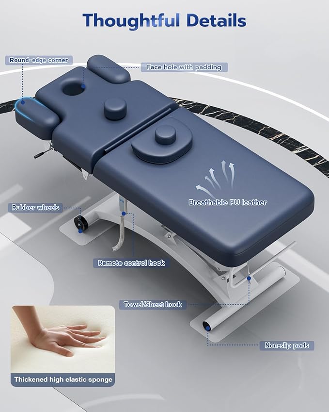 SyyBhb Professional Hi-Lo Electric Massage Table with Wheels, Haydraulic Adjustable Backrest Downward for Treatment/Facial/Beauty/Spa/Physical Therapy Blue