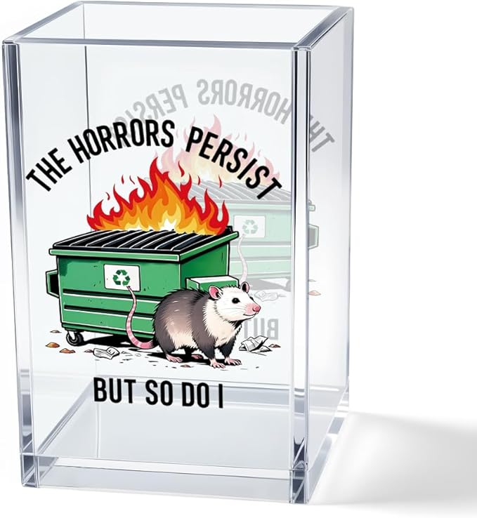 The Horrors Persist But So Do I Acrylic Cosmetic Pencil Pen Holder Cup, Funny Dumpster Fire Pen Holder Cup, Opossum Possum Gifts for Women Men, Office Sarcastic Gifts for Women Men Coworker Boss