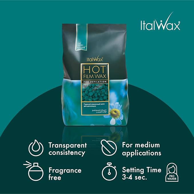 Italwax Azulene - 500g / 1.1lb - Hard wax beads for hair removal - Natural formulation ideal for sensitive skins - Unscented - Recommended for Bikini Area and Armpits