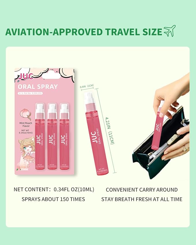 3 Count Mint Breath Spray Mouth Spray Breath Freshener Oral Care for All Ages 0.33OZ (10ML) Mint Peach Flavor