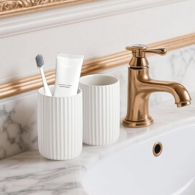 Toothbrush Holders for Bathrooms, Ceramic Tooth Brush Holder Set, Ribbed Bathroom Cups Tumbler, Reusable Toothbrush Mouthwash Cup, Toothpaste Holder Toothbrush Organizer for Bathroom Counter