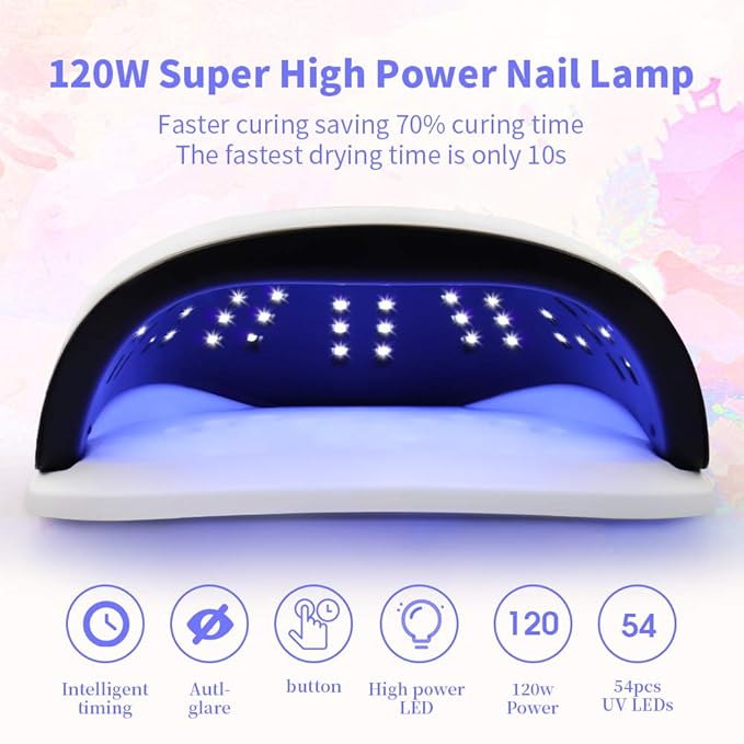 JEWHITENY 120W UV LED Nail Lamp, Nail Dryer for Gel Polish with 54 Light Beads, Upgraded Curing Lamp for Fingernail and Toenail Auto Sensor Dual Light Source Nail Machine