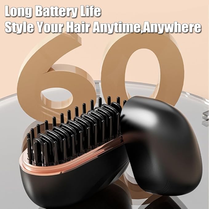 Mini Straightener Brush, Rechargeable Cordless Hair Straightener with 3-Temp Settings & Anti-Scald Shell, Fast Heating 30s Portable Hot Comb for Travel, Frizz Control for All Hair Types(Black)