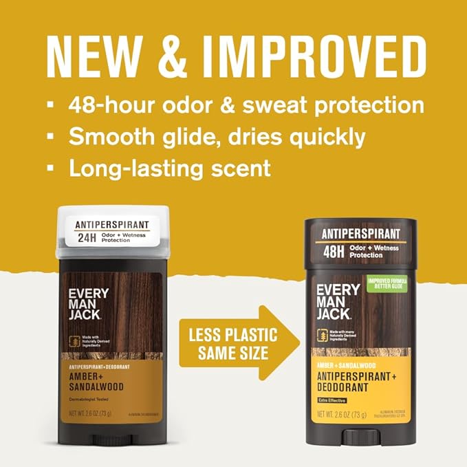 Every Man Jack Men’s Amber + Sandalwood Antiperspirant Deodorant – New & Improved Formula – Smooth Glide, 48-Hour Odor & Sweat Defense– 2.6 oz (2 Pack)