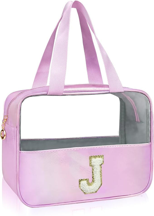 Personalized Initial J Clear Purple Makeup Bag - Large Travel Toiletry Bag, Cute Cosmetic Organizer Set for Girlfriend, Teacher, Teen Girl Gifts