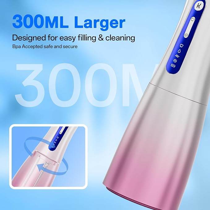 Water Dental Flosser Cordless with UVC Light, 3 Modes Portable Oral Irrigator, IPX7 Waterproof, 300ML Tank, Electric Teeth Cleaner for Tonsil Stones, Home & Travel Use