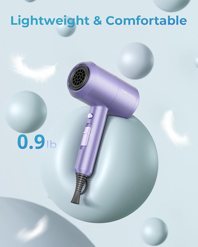 SHRATE Lightweight Ionic Hair Dryer with Diffuser - Powerful 1800W Blow Dryer for Fast Drying - Professional Low Noise Mini Hair Dryer for Travel, Gifts, Hair Styling
