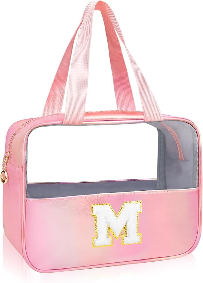 Personalized Initial Clear Makeup Bag Pink Cosmetic Bag Set Large Travel Toiletry Bag, Cute Clear Make Up Bags Organizer Bag for Girlfriend Teacher Gifts Teen Girl Gifts Trendy Stuff M (Pink)