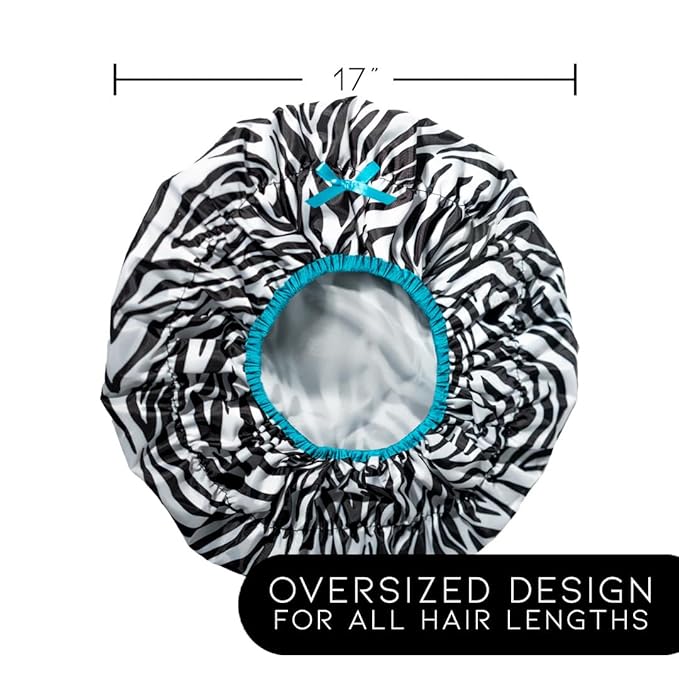 Reusable Shower & Bath Cap & Lined, Oversized Waterproof Shower Caps Large Designed for all Hair Lengths with PEVA Lining & Elastic Band Stretch Hem Hair Hat - Fashionista Sassy Stripes