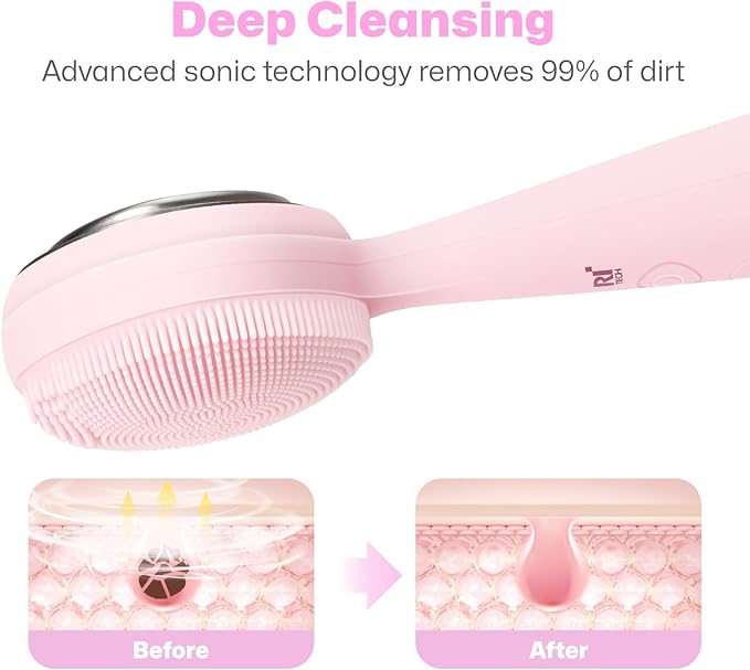 PRITECH Facial Cleansing Brush, Rechargeable Silicone Face Scrubber with Constant-Temperature Heating, Vibrating Exfoliator Scrubber for Deep Pore Cleaning, Waterproof Face Brush for Women & Men -Pink