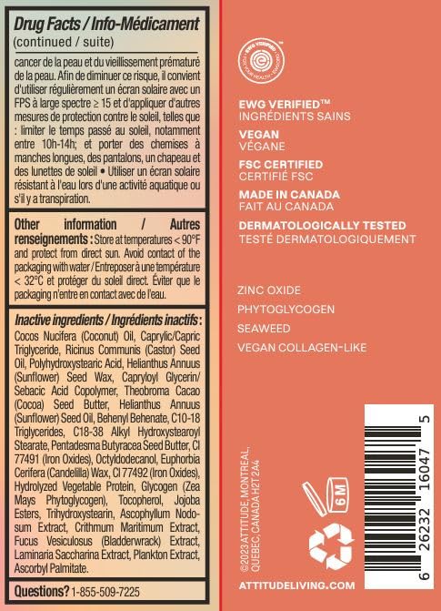 ATTITUDE Oceanly Tinted Lip Balm with SPF 30, EWG Verified, Plastic-Free, Broad Spectrum UVA/UVB Protection with Zinc Oxide, Vegan, Unscented, Peachy Shell, 0.3 Ounce