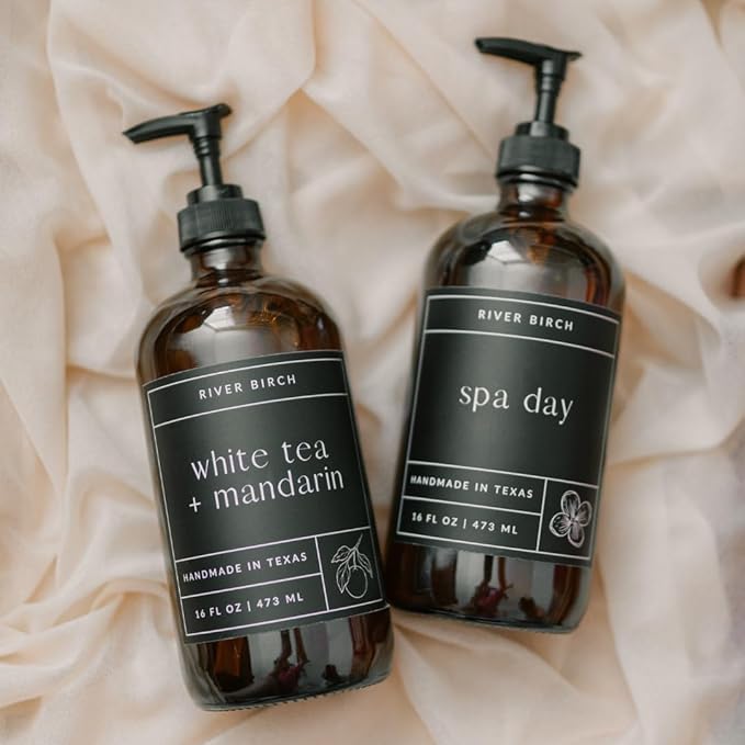 River Birch Sage + White Pine Scented Natural Hand Soap - Handmade Soap - Moisturizing Hand Wash with Amber Glass Dispenser - Luxury Scented and Hydrating - Vegan and Non-Toxic - 16 Fl Oz