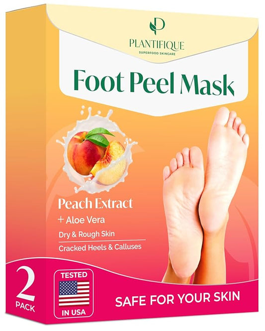 PLANTIFIQUE Foot Peeling Mask 2 Pack | Dermatologically Tested Repairs Heels & Removes Dry Dead Skin for Baby Soft Feet | Exfoliating Foot Peel Mask for Dry Cracked Feet | Peach