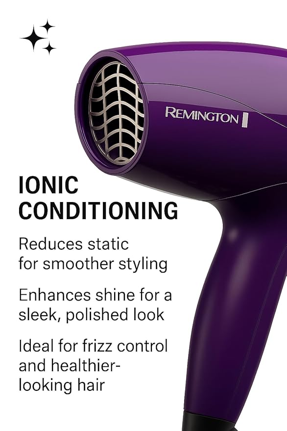 Remington Ionic Compact Hair Dryer, Travel Size, 1875 Watts, 3 Heat and 2 Speed Settings