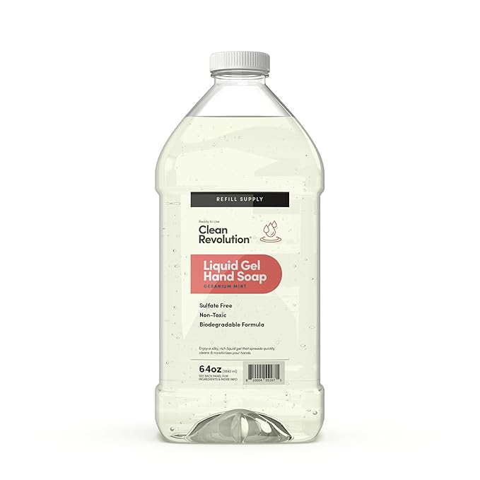 Clean Revolution Liquid Gel Hand Soap, Silky Rich Liquid, Quick Lather, Fast Rinsing, Contains Real Essential Oils (Geranium Mint) 64 Fl Oz