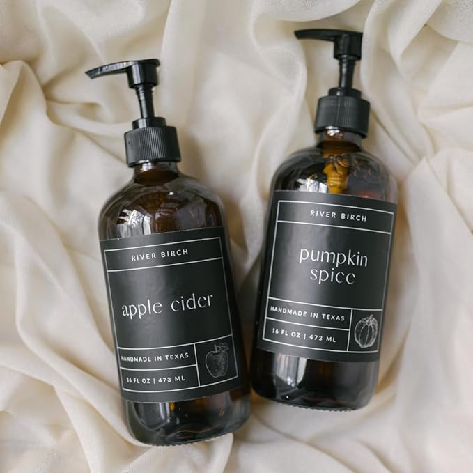 River Birch Apple Cider Scented Natural Hand Soap - Handmade Soap - Moisturizing Hand Wash with Amber Glass Dispenser - Luxury Scented Hydrating Hand Soap - Vegan and Non-Toxic - 16 Fl Oz