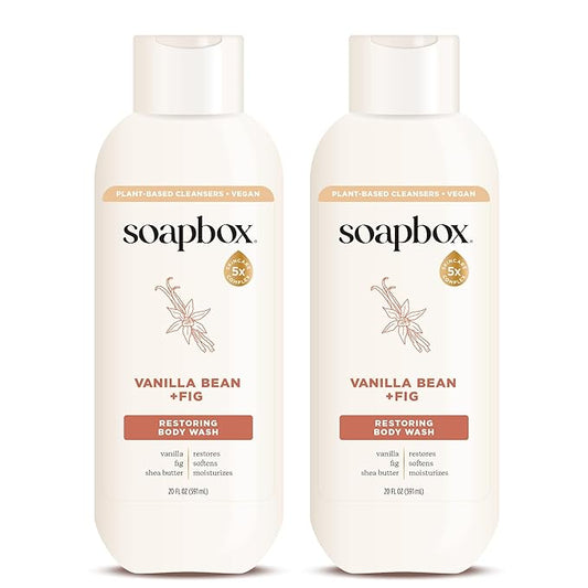Soapbox Body Wash, Vanilla Bean & Fig Liquid Body Wash, Moisturizing Soap with Shea Butter, Vegan Duo Pack of 2 Soap Bottles, 20oz Each