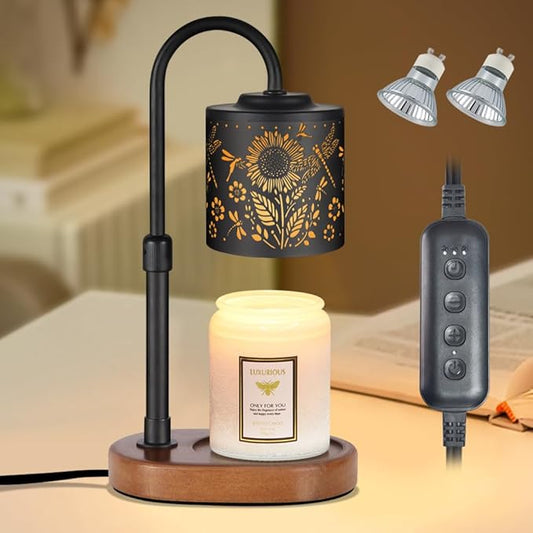 Dimmable Candle Warmer Lamp with Timer Adjustable Height for Scented Jar Candles Electric Candle Wax Melt Warmer for Home Decor Christmas Birthday Gifts for Women Mom(Sunflower+Dragonfly)