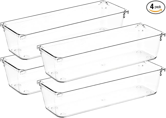 4 Pack Drawer Organizer - 3" X 9" Clear Acrylic Storage Bins with Non-Slip Pads, Versatile Desk Tray for Makeup, Jewelry, Kitchen, Bathroom, and Office Organization