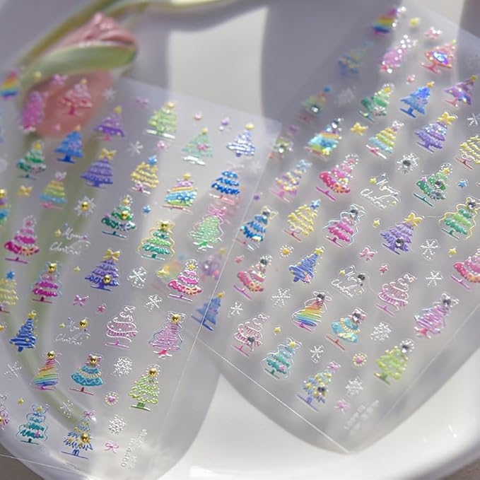 Christmas Nail Art Stickers Decals 5D Daimond Colorful Xmas Tree Nail Decals 1PCS Xmas Tree Snowflake Star Design Christmas Nail Art Supplies Manicure Stickers for Women DIY Nail Decorations