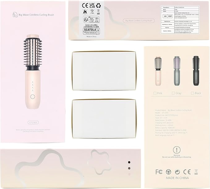 Cordless Curling Iron Brush, 3-in-1 Portable Curling Iron, 2024 New Hair Straightener Comb, 7000Mah USB Rechargeable Travel Hair Curler for Women, Pink