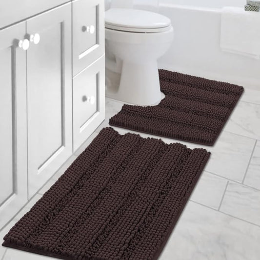 Bathroom Rugs Bath Rug Set 2 Piece Bathroom Contour Rug Toilet Mat Sets Non Slip Contour Bath Rug Set Ultra Thick Water Absorbent Striped Bath Mats Washable(20" x 32" Plus 20" x 20" U, Chocolate)