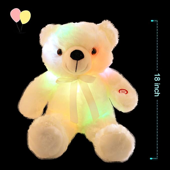 LED Teddy Bears Stuffed Animals, Cute White Glow Bear Plush Toys Creative Colorful Luminous Light Up Doll Gifts for Bedroom, Kids, Baby, Valentine,18 inch