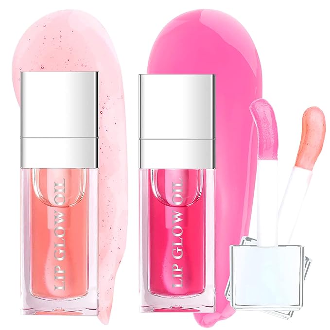 Lip Oil 2 Piece Set Moisturizing Lip Glow and Plumping Lip Oil with Cherry Oil Long-Lasting Lip Care Lip Glow Oil Color Reviver Moisturizing Non-Sticky Lip Oils Tinted Large Brush Head Shiny Tinted