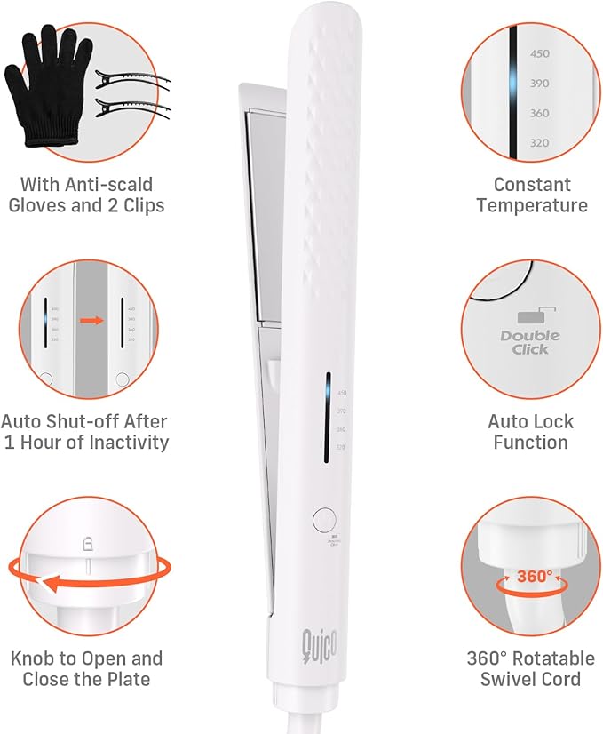 Quico Hair Straightener, 110-240V Global Travel Hair Straighteners for Women, 15s Fast Heating, Professional Negative Ion Flat Iron, Temp Memory, 320℉-450℉, Auto-Off, with Glove and Clips, Gift, White