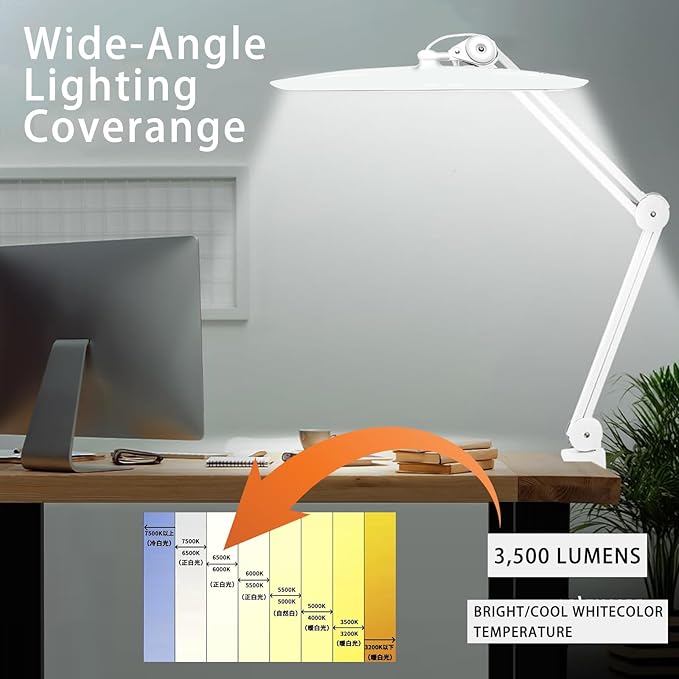 3500 Lumen Led Desk Lamp, 38W Nail Tech Table Lamp Adjustable High Light Dimmable Task Lamp for Home Office Beauty Salon Workbench, Shadowless Lighting - Luxury White (Universal Manicure Table Clamp)