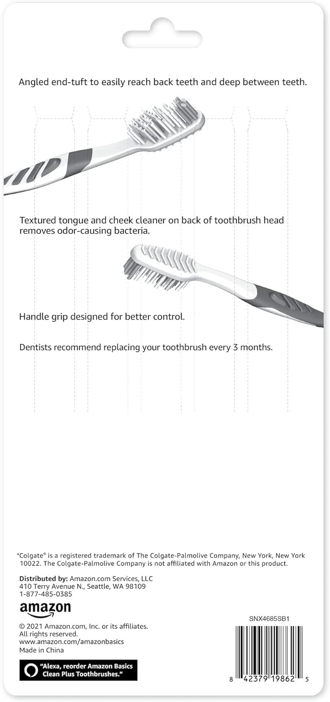 Amazon Basics Toothbrush, Soft, Full | 10 Count | Assorted Colors | Pack of 2