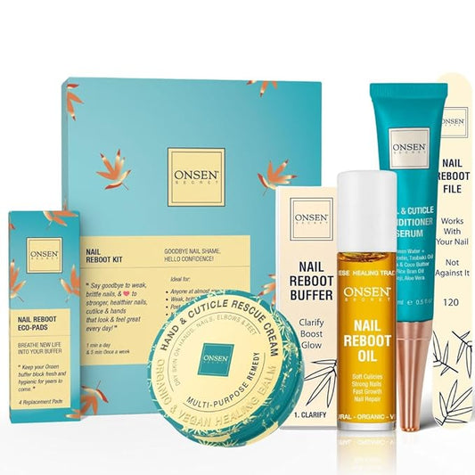 Onsen Secret Advance Rescue Nail Kit - Strengthening Nail Oil & Serum with Hand & Cuticle Rescue Cream - Tsubaki, Shea Butter, Jojoba - Hydrates, Repairs, and Restores