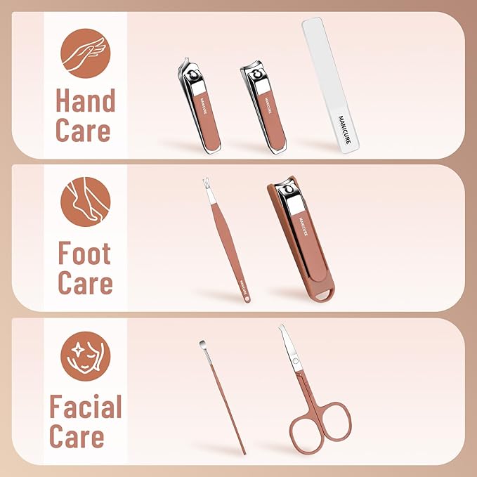 Nail Clippers Set for Men and Women 7 Pieces Stainless Steel Grooming Kits, Fingernail and Toenail Clipper Cutters with Luxurious Travel Case Nail Care Tools Manicure Pedicure Kit, Brown