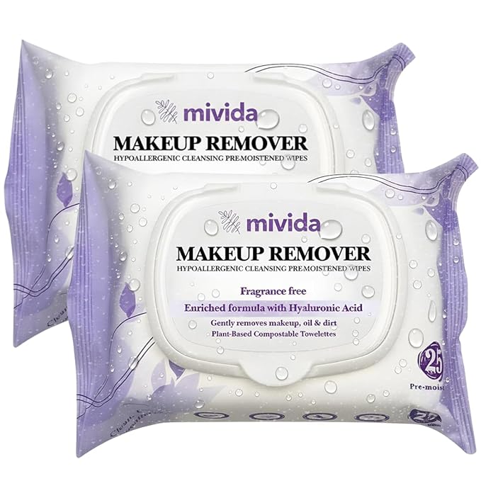 mivida Hypoallergenic Makeup Remover Wipes With Hyaluronic Acid, Alcohol Free & Frageance Free Makeup Wipes For Sensitive Skin, Plant Based Make Up Remover, Travel Friendly 2 × 25 Count
