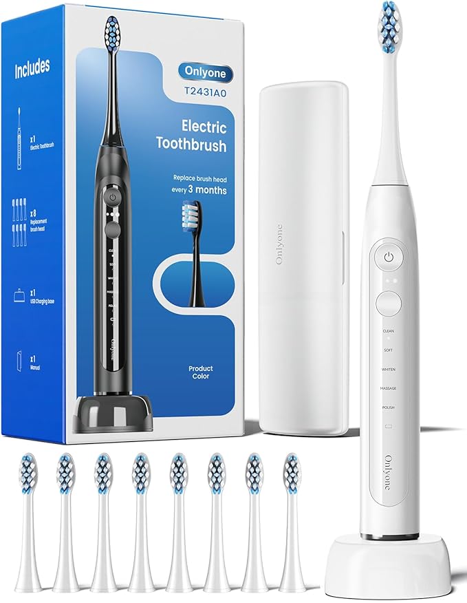 Onlyone Sonic Electric Toothbrush for Adults, Rechargeable Ultrasonic Electric Toothbrush with 8 Brush Heads, Travel Case, Charging Base & Wireless Charging - 5 Modes with Smart Timer