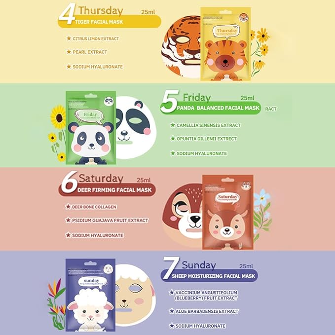 evpct 8 Pack Animal Face Masks Skincare,Spa Kit for Girls Kid Animal Facial Face Masks Skincare for Teens Kids Girls Spa Day Slumber Sleepover Birthday Party Favors Supplies Kit, Sheet Mask Beauty