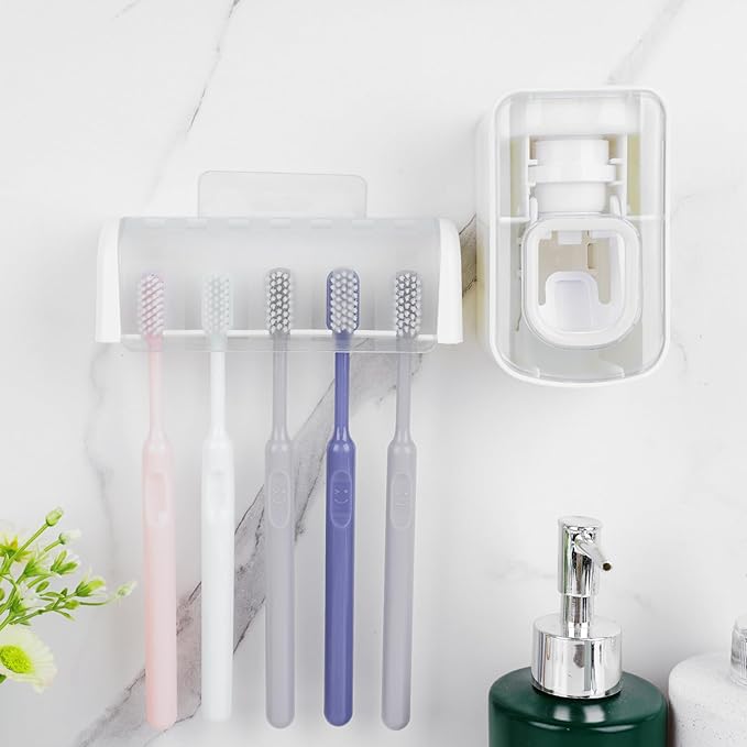 5 Slots Wall Mount Toothbrush Holder with Cover, Self Adhesive Toothbrush Storage Organizer for Shower, Toothbrush Hanger with Automatic Toothpaste Squeezer Dispenser