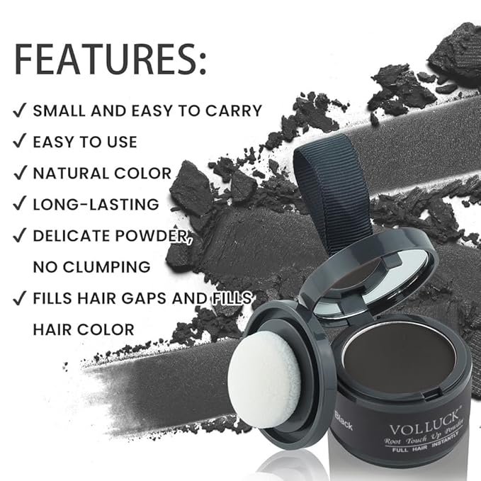 VOLLUCK Root Touch up Powder, Instant Hairline Powder for Thinning Areas and Gray Hair Coverage, Natural and Non-greasy Root Cover up for Women and Men (Black, 0.14 Ounce)
