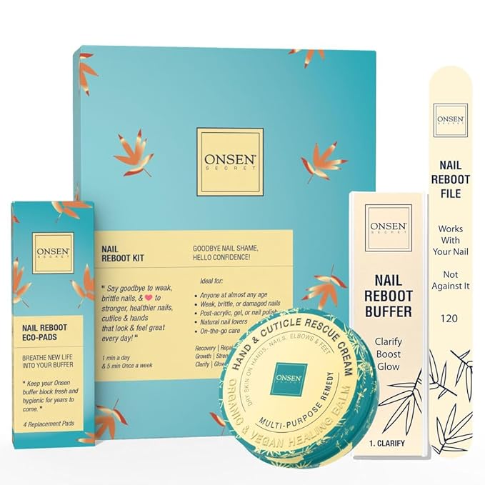 Onsen Secret Essential Nail Reboot Kit with Hand & Cuticle Rescue Cream | Buffer Block, Professional File, Replacement Pads and Repair Cream for Strong, Healthy, Shiny Natural Nails at Home