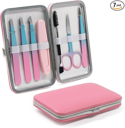 Eyebrow Tweezers Set for Women - 7 Pcs Professional Eyebrow Grooming Kit Stainless Steel Eyebrow Trim Kit with Curved Scissors for Ingrown Hair (Pink)