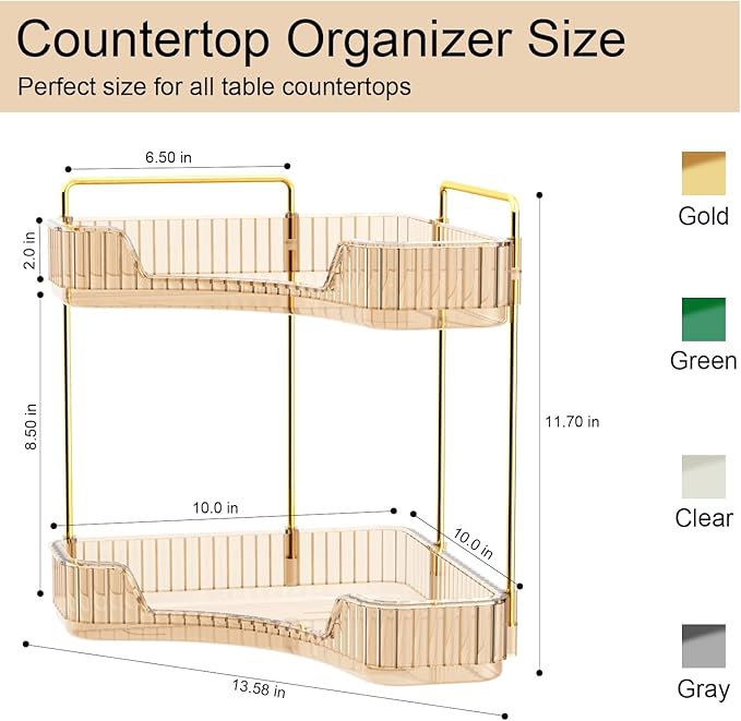 GTI 2 Tier Makeup Organizer, Large Capacity Bathroom Counter Organizer, Perfume Cosmetics Skincare Vanity Organizers, Dresser Countertop Organizer and Storage for Women (Amber)