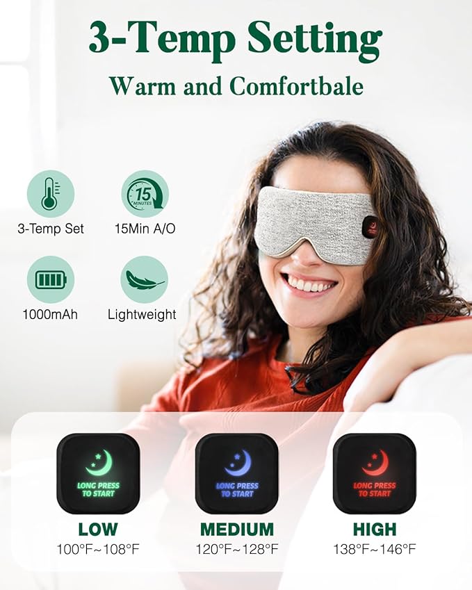 Heated Eye Mask for Dry Eyes, Cordless Warm Compress for Eyes, Light Blocking Eye Heating Pad, Styes, Sleep, Cover Washable, Rechargeable, Light Gray