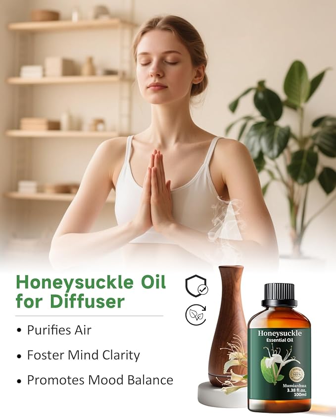 Pure Honeysuckle Essential Oil,Mumianhua Natural Honeysuckle Oil for Humidifier, Sweet Relaxation, Evening Serenity, Floral Diffusion, Laundry, Reed Diffuser, Skin,Candles,Perfume Crafts 3.38 Fl Oz