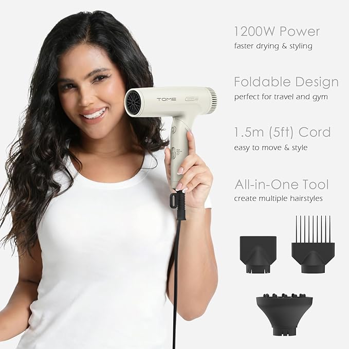 TOME 1200W Hair Dryer Travel Dual Voltage 120V/240V Foldable Blow Dryer with Diffuser Comb Nozzle Storage Bag Universal Power Adapter (White)